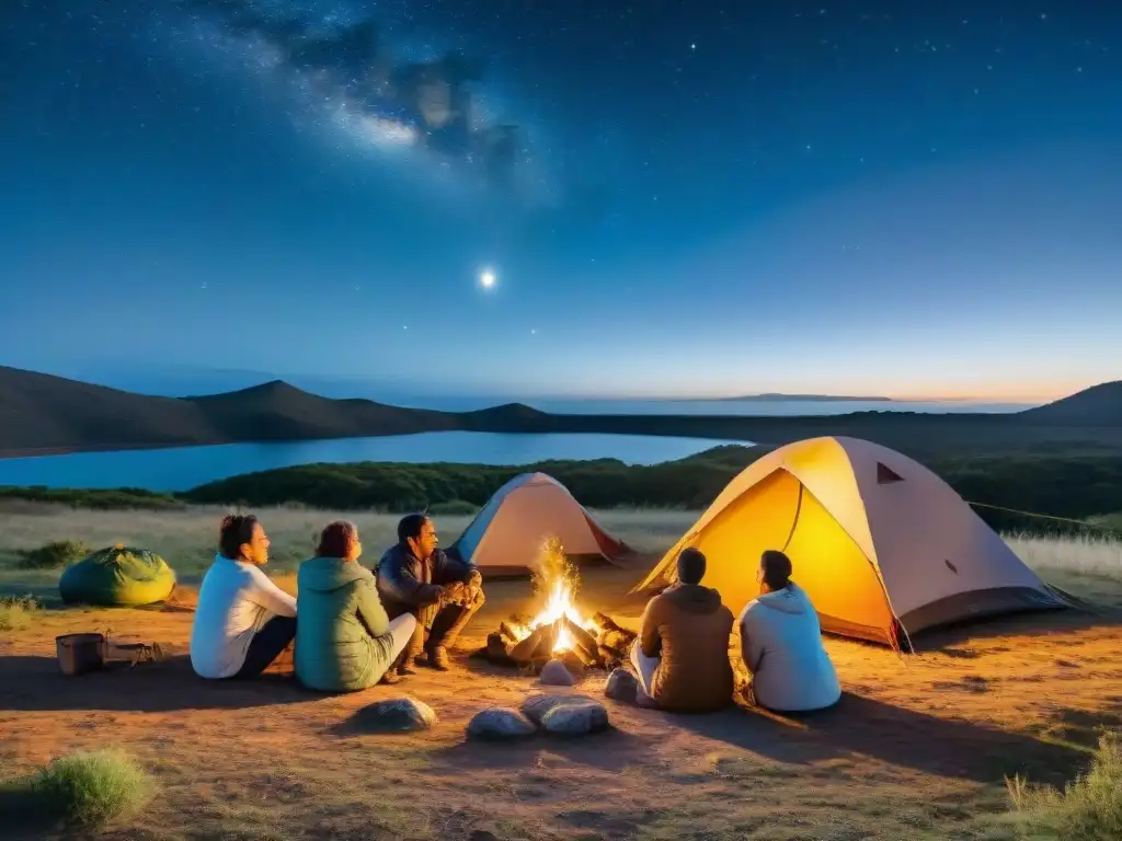 Grupo de campistas compartiendo risas alrededor de fogata bajo cielo estrellado en Uruguay, fomentando conservación y cultura