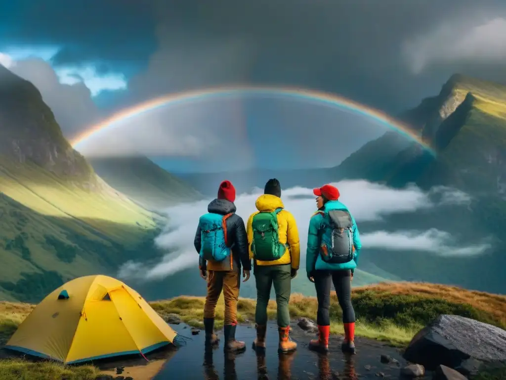 Grupo de campistas con ropa camping resistente intemperie, bajo cielo tormentoso y montañas, con lluvia y arcoíris