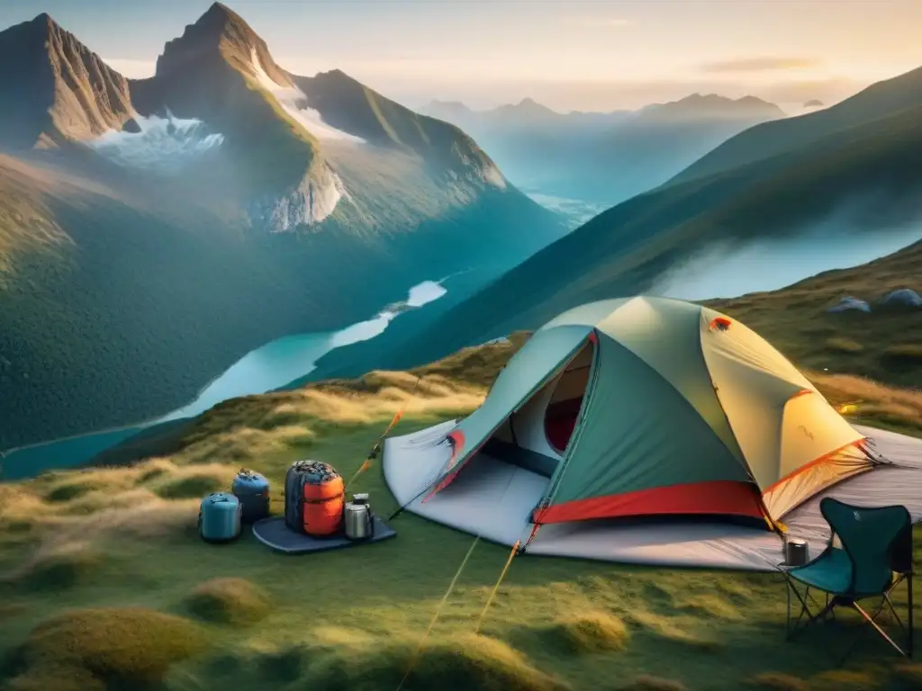 Grupo de campistas con ropa de camping de lujo montando tienda frente a majestuosa montaña al amanecer