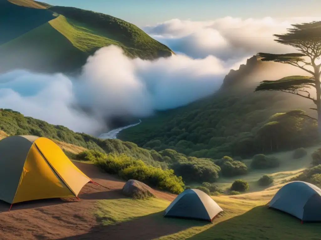 Grupo de campistas con ropa técnica en Uruguay, disfrutando de diversas actividades de camping en un entorno natural