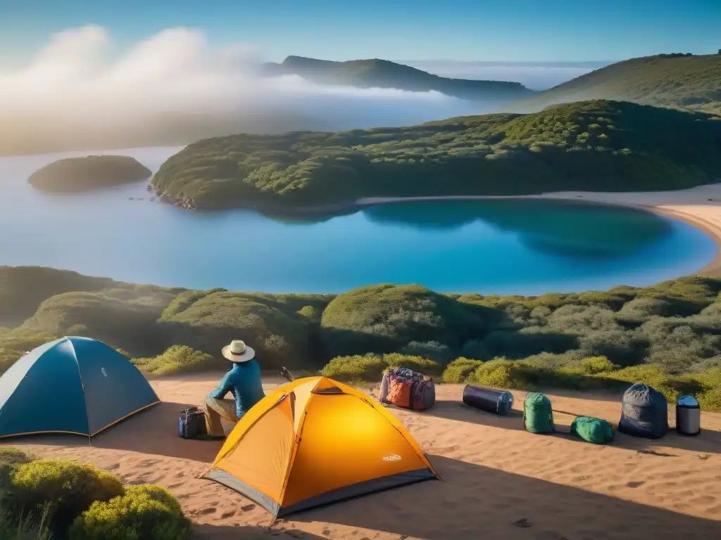 Grupo de campistas en Uruguay con Ropa técnica protección UV campismo bajo el sol brillante en su campamento en la naturaleza exuberante