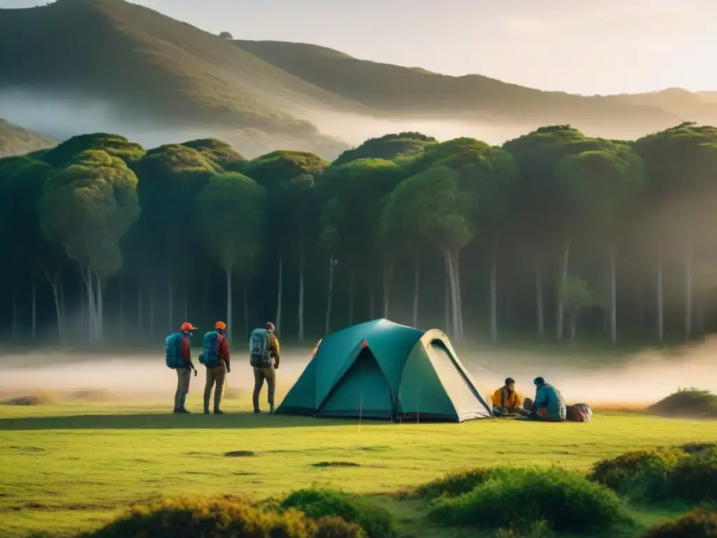 Grupo de campistas en Uruguay con ropa técnica, montando tienda al atardecer en un campamento equipado