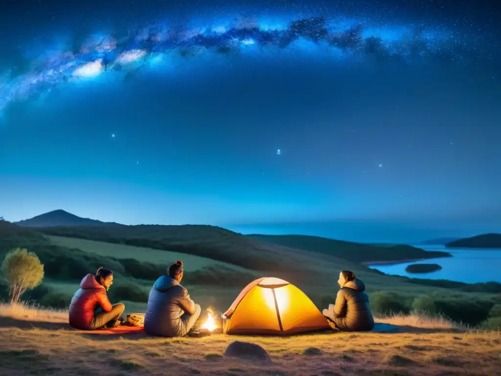 Grupo de campistas en sacos de dormir junto a fogata bajo cielo estrellado en Uruguay