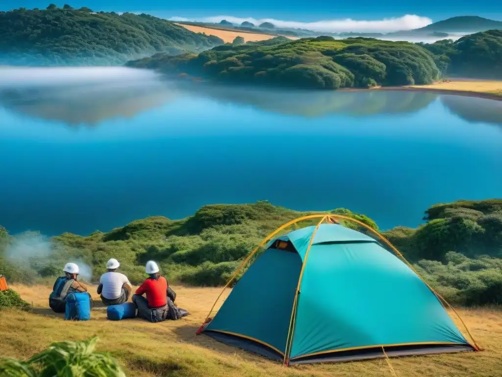 Grupo de campistas en Uruguay practicando seguridad en camping: cascos, chalecos reflectantes, cuerdas y mosquetones