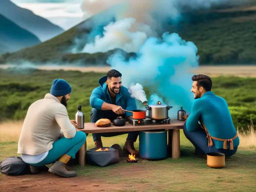 Grupo de campistas sonrientes cocinando en la naturaleza con cocinas portátiles económicas para campistas