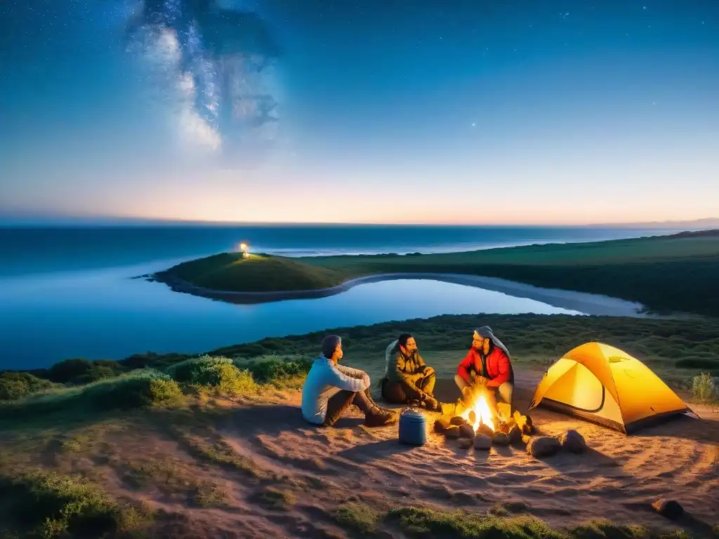 Grupo de campistas sonrientes disfrutando de la noche estrellada alrededor de una fogata en Uruguay con los mejores filtros agua camping Uruguay