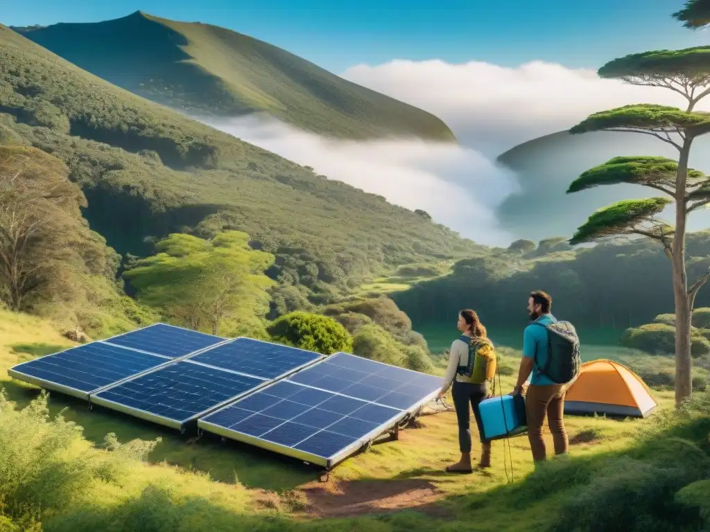 Grupo de campistas sonrientes instalando paneles solares portátiles en un bosque de Uruguay