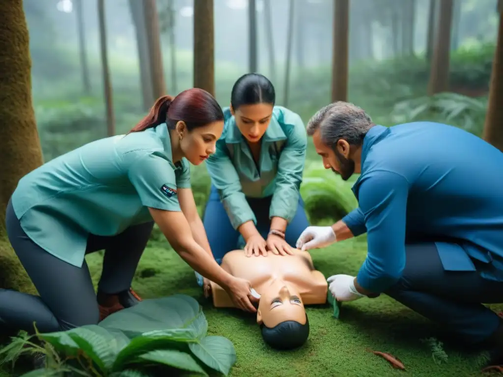 Grupo de campistas en Uruguay practicando técnicas de primeros auxilios en un bosque verde exuberante, demostrando RCP en un maniquí con equipo médico realista y expresiones de enfoque y determinación en sus rostros