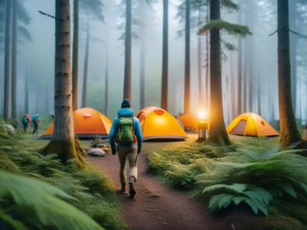 Un grupo de campistas con tecnología wearable para campistas en un bosque denso