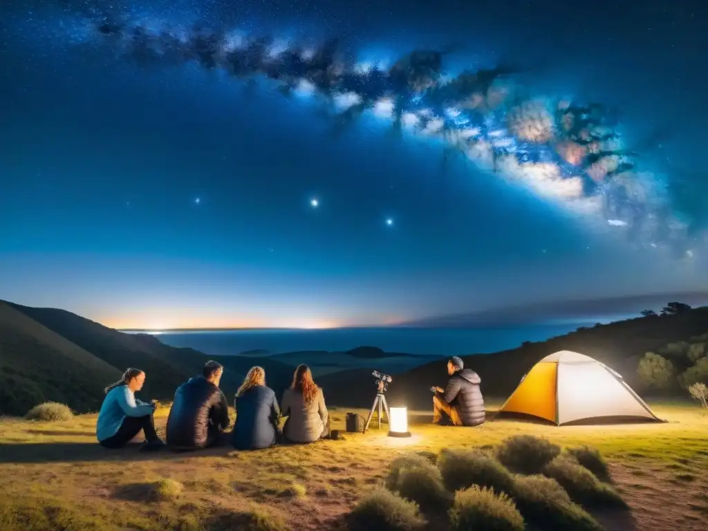 Grupo de campistas ajustando telescopio bajo la Vía Láctea en la remota naturaleza de Uruguay