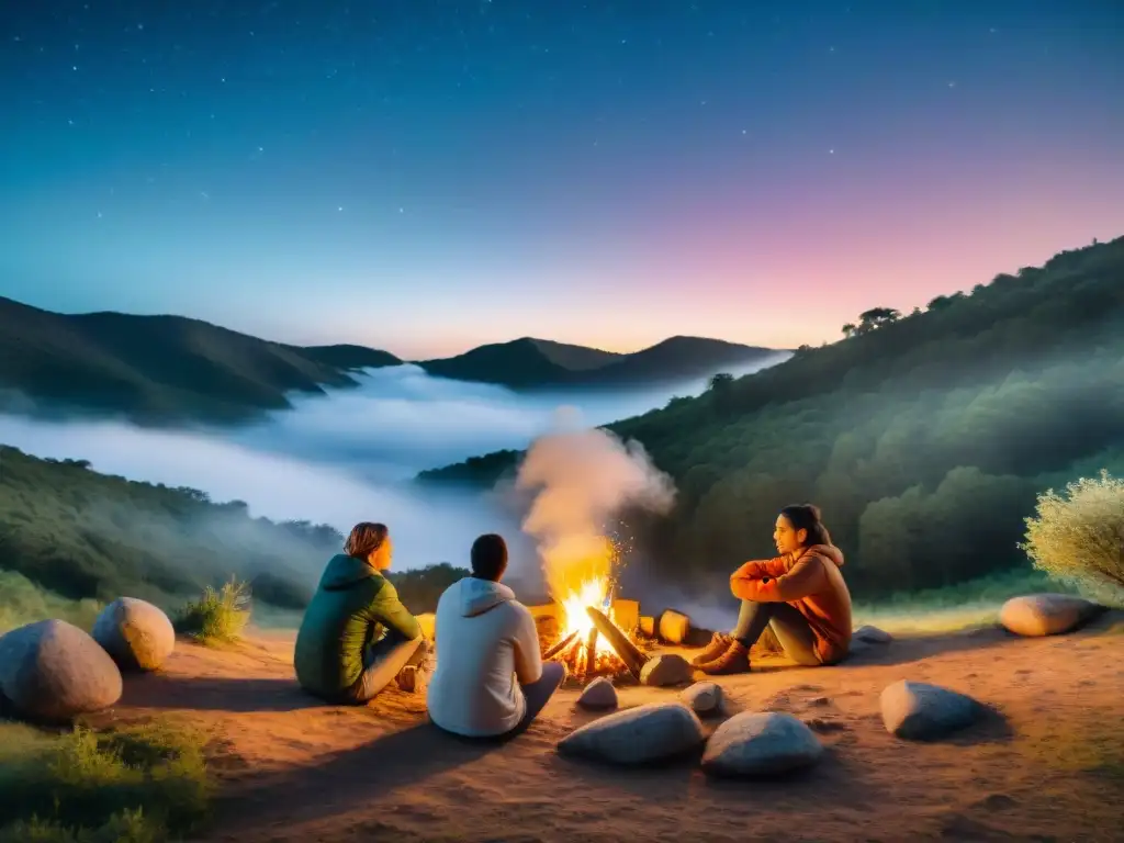 Un grupo de campistas en terapia alrededor de una fogata en un bosque de Uruguay, creando un ambiente de sanación y conexión