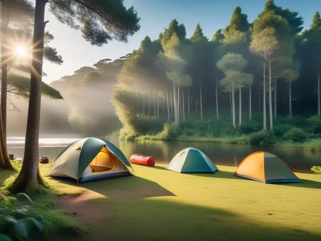 Un grupo de campistas montando una tienda en un bosque de Uruguay