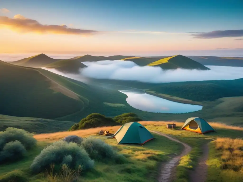 Grupo de campistas armando tienda de campaña en paisaje natural de Uruguay al atardecer