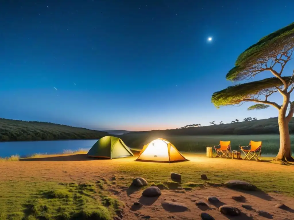 Grupo de campistas montando tienda bajo un cielo estrellado en un campamento en Uruguay