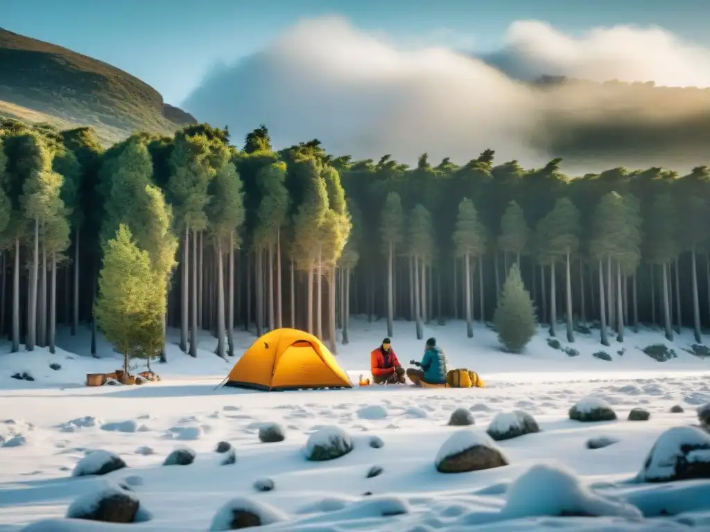 Grupo de campistas montando tienda en paisaje nevado de Uruguay con árboles y nieve cayendo