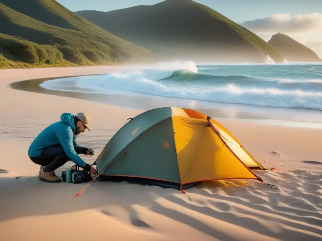 Un grupo de campistas monta una tienda técnica en una playa uruguaya al atardecer, luciendo ropa técnica para camping en Uruguay