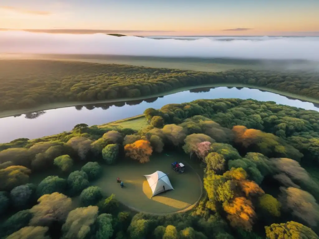 Grupo de campistas en Uruguay montando tiendas al atardecer, con un dron capturando la belleza del campamento