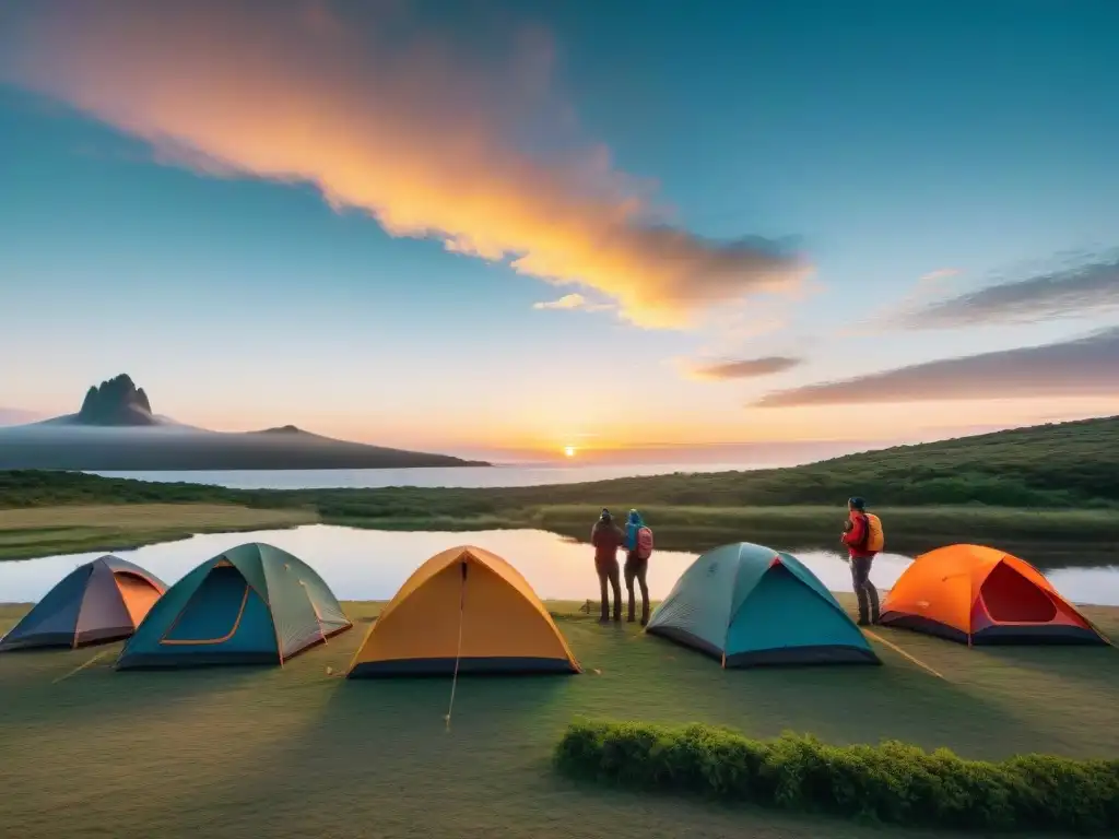 Grupo de campistas en Uruguay montando tiendas al atardecer junto al lago, reflejos coloridos