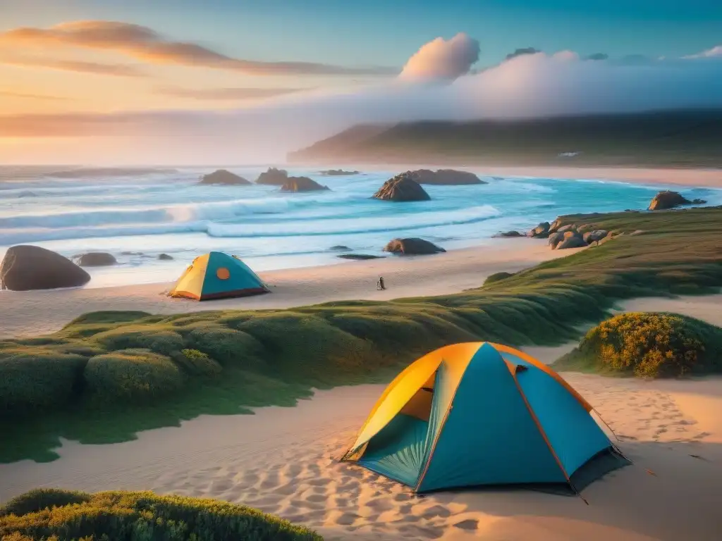 Grupo de campistas montando tiendas al atardecer en Cabo Polonio, Uruguay