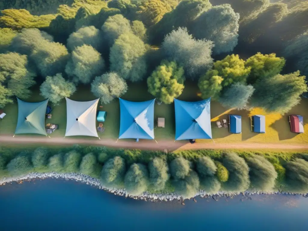 Grupo de campistas armando tiendas en un campamento verde junto a un río, bajo un cielo azul