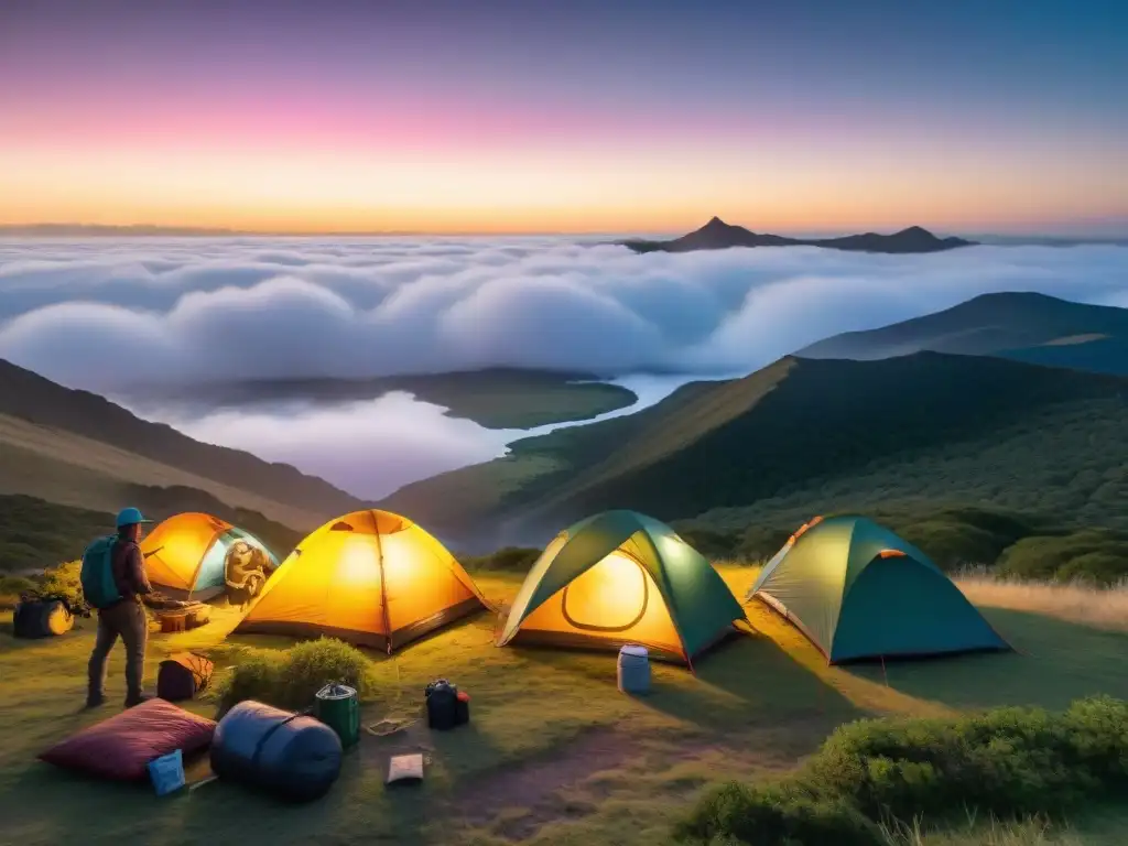 Un grupo de campistas armando tiendas de campaña en un camping verde en Uruguay, con el sol poniéndose al fondo