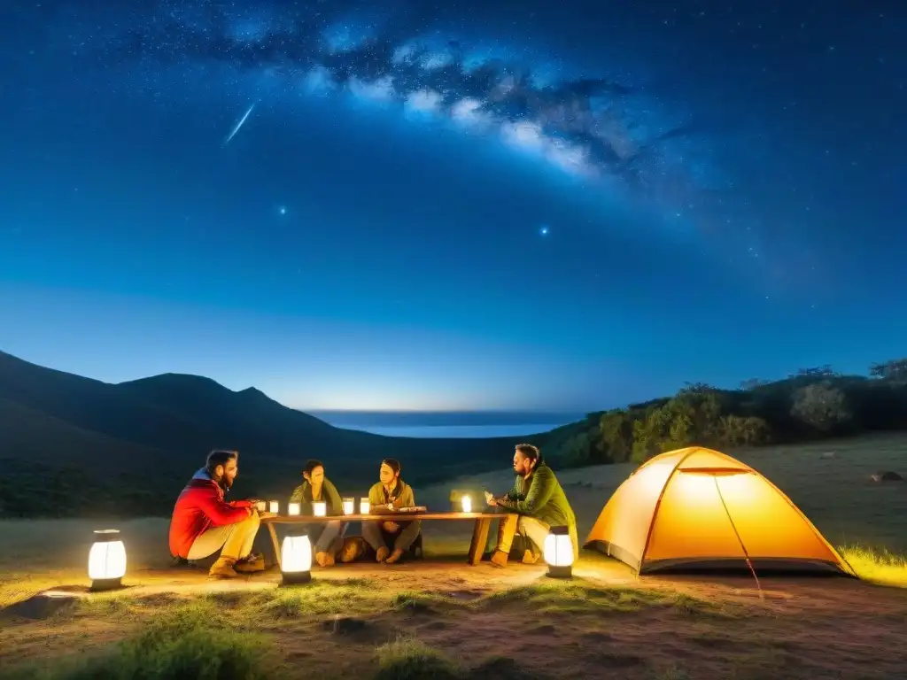 Grupo de campistas montando tiendas bajo un cielo estrellado en la naturaleza de Uruguay, con GPS en camping en Uruguay