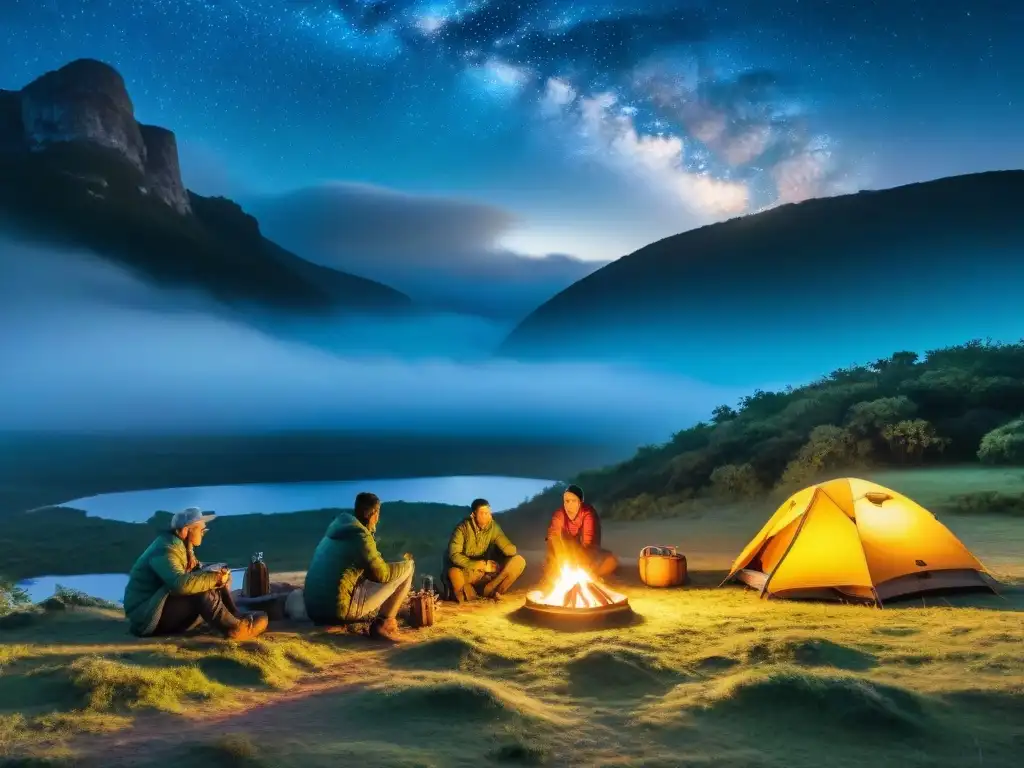 Grupo de campistas organizando tiendas bajo un cielo estrellado en un bosque de Uruguay