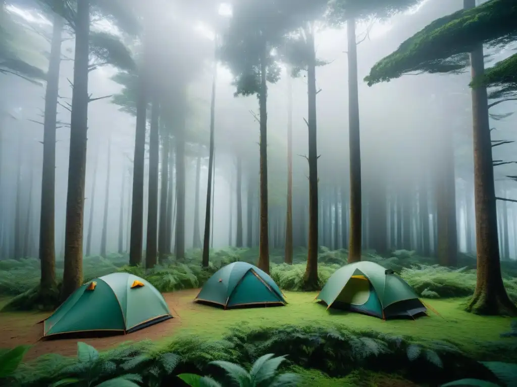 Grupo de campistas montando tiendas en un frondoso bosque de Uruguay con luz solar filtrándose