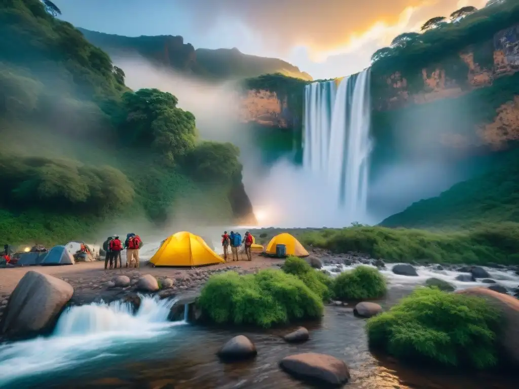 Grupo de campistas montando tiendas al pie del majestuoso Salto del Penitente al atardecer