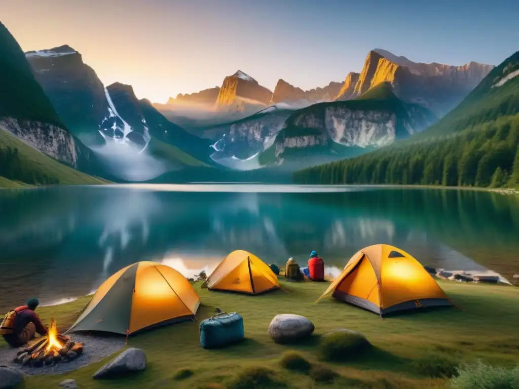 Grupo de campistas montando tiendas al amanecer en la montaña