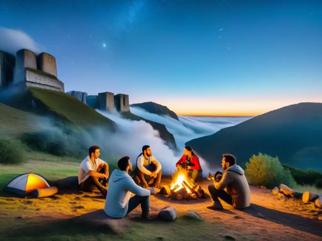 Un grupo de campistas disfruta de música tradicional en camping uruguayo alrededor de una fogata estrellada