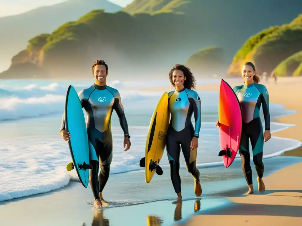 Un grupo de campistas con trajes de neopreno y tablas de surf coloridas caminan hacia el océano al amanecer en Uruguay