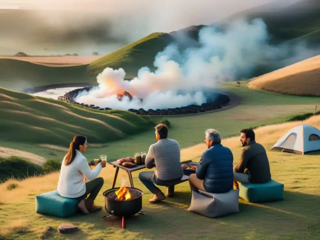 Grupo de campistas uruguayos preparando un asado al aire libre alrededor de una cocina portátil, en un campamento pintoresco al atardecer