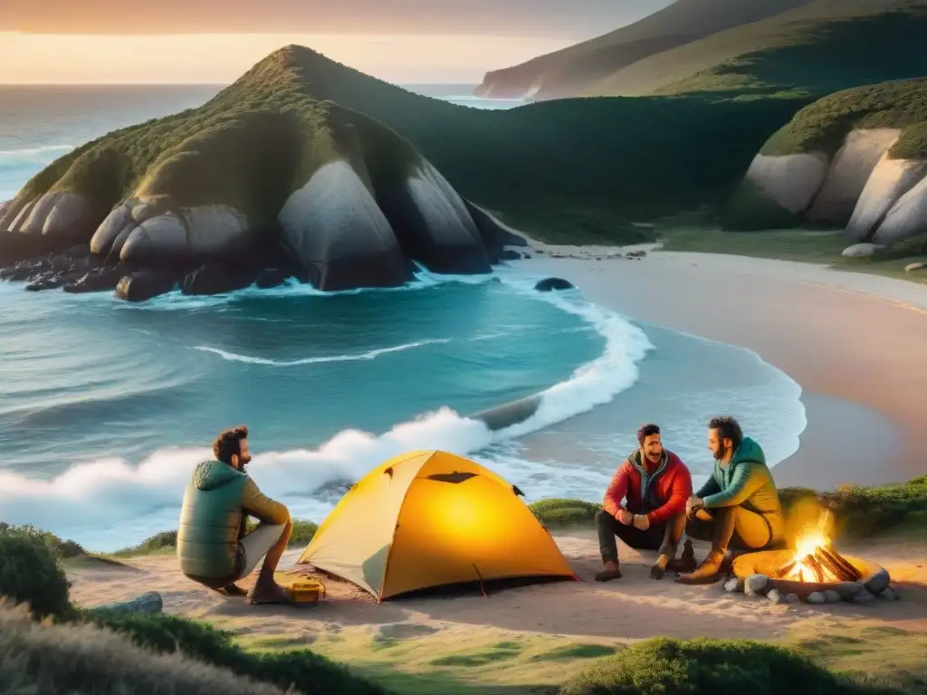 Grupo de campistas uruguayos montando carpas en un campamento económico en Uruguay, junto al mar al atardecer