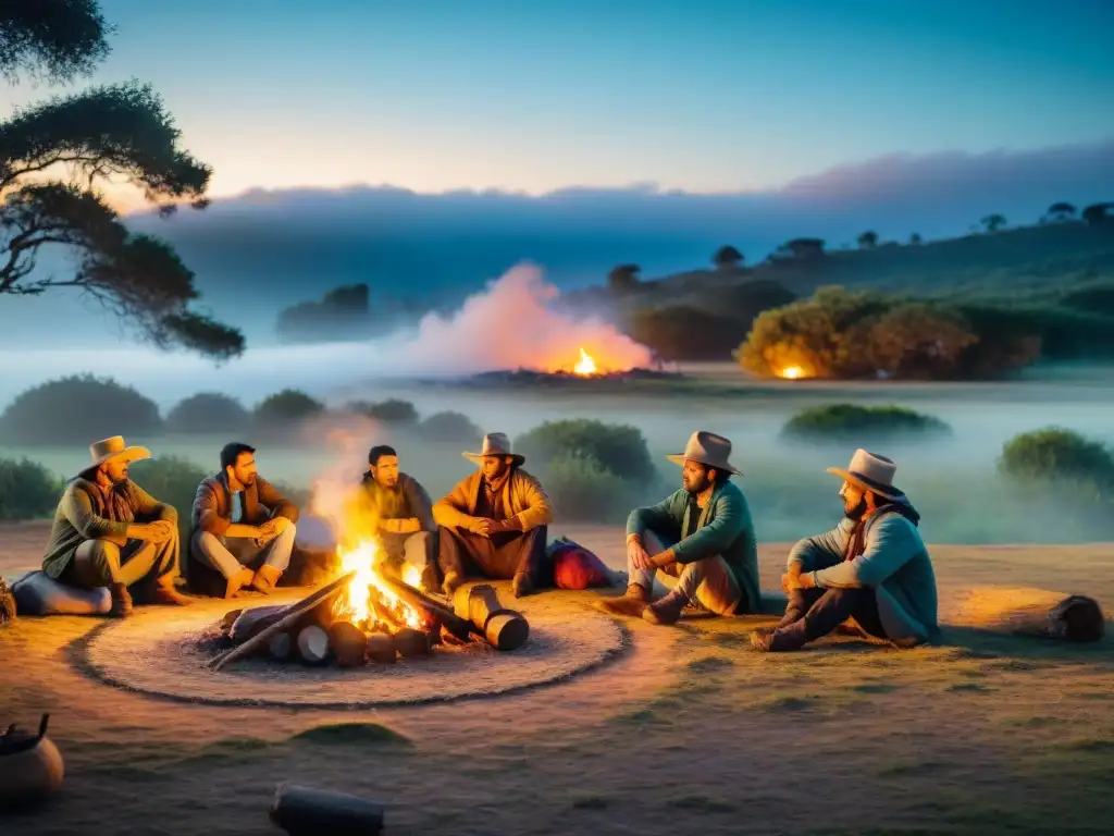 Grupo de campistas uruguayos alrededor de fogata al atardecer, vistiendo atuendos gauchos