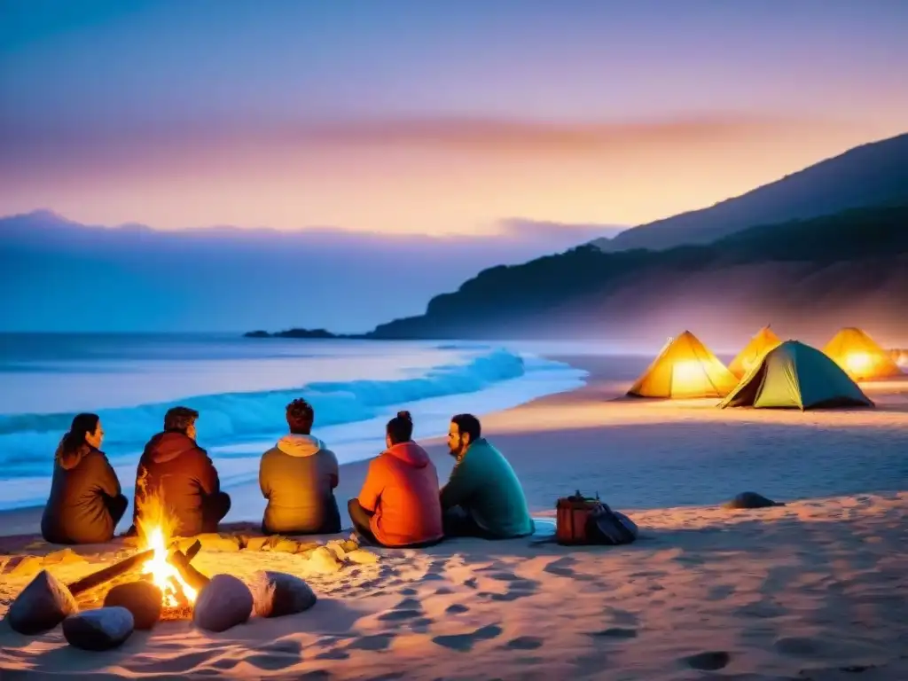 Grupo de campistas uruguayos escuchando historias alrededor de la fogata en una playa