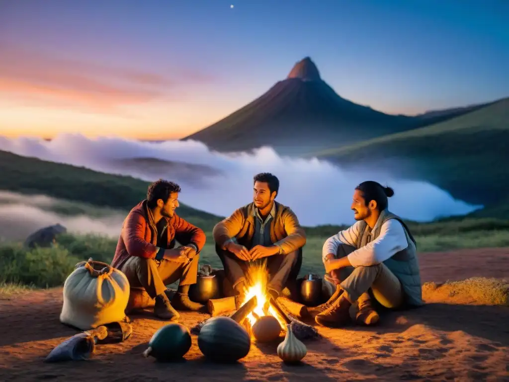 Grupo de campistas uruguayos compartiendo mate alrededor de una fogata al atardecer