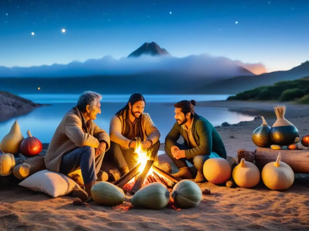 Un grupo de campistas uruguayos comparten mate alrededor de la fogata, en un campamento bajo el cielo estrellado