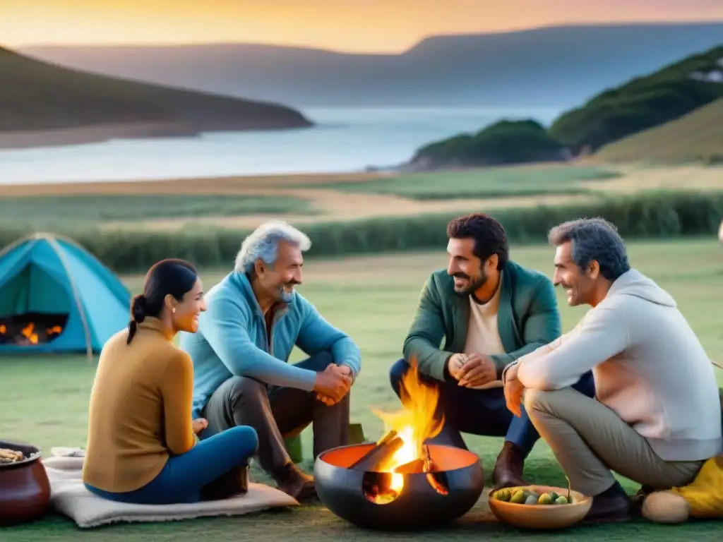 Grupo de campistas uruguayos disfrutando de un mate y un asado en un camping económico en Uruguay, rodeados de naturaleza y camaradería