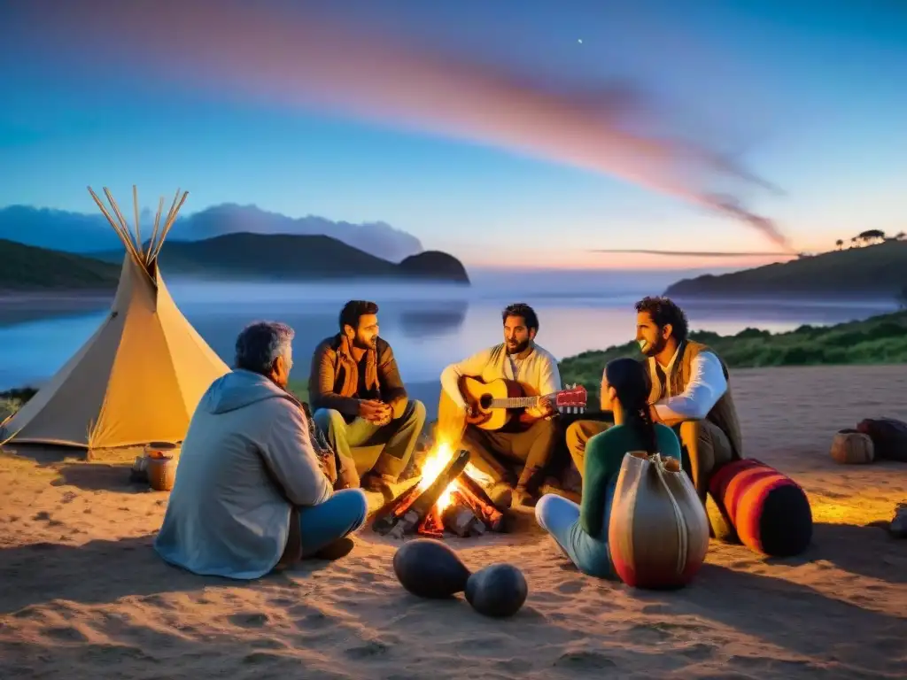 Grupo de campistas uruguayos compartiendo mate alrededor de fogata, mientras guitarrista ameniza la noche