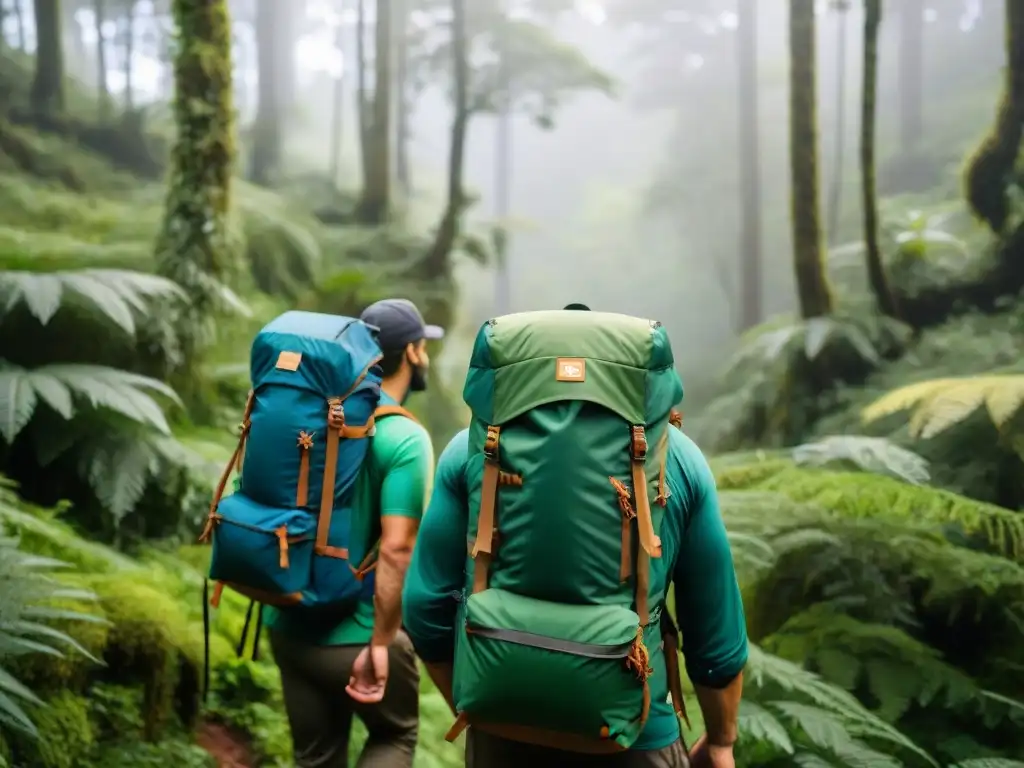 Grupo de campistas uruguayos con las mejores mochilas técnicas para camping explorando un denso bosque verde