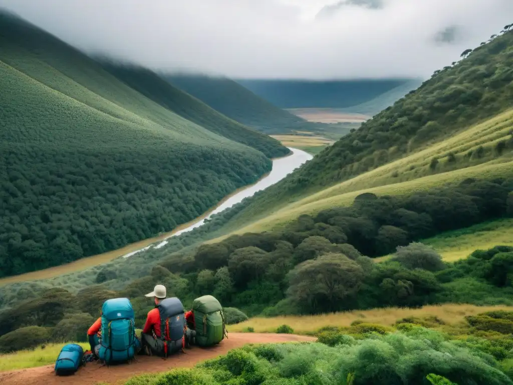 Grupo de campistas uruguayos con mochilas técnicas explorando la Sierra de Minas, fusionando aventura y modernidad en el camping en Uruguay