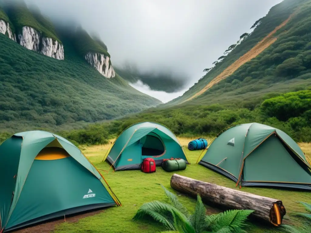 Grupo de campistas uruguayos con mochilas técnicas en la naturaleza, mostrando técnicas de acampada