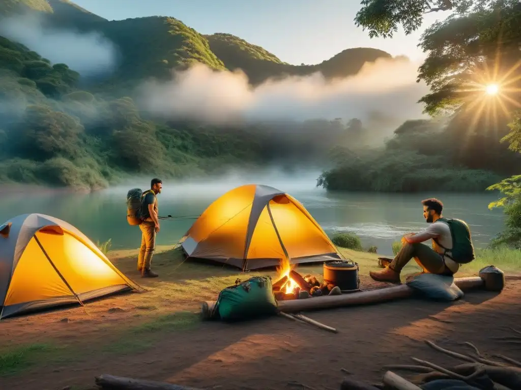 Un grupo de campistas uruguayos montando una tienda de campaña de alta gama en un bosque exuberante al atardecer