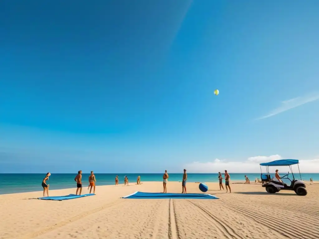 Grupo montando campo voleibol playa Uruguay bajo sol brillante y cielo azul, creando atmósfera armónica y dedicada