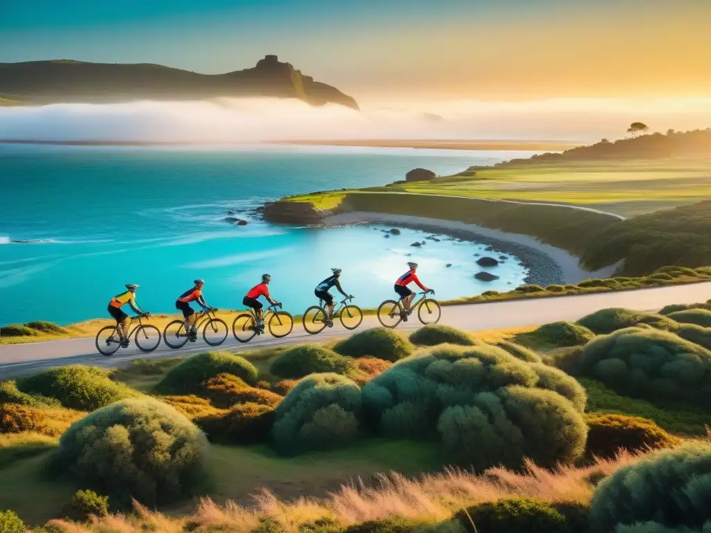 Grupo de ciclistas pedaleando al atardecer en la costa de Uruguay