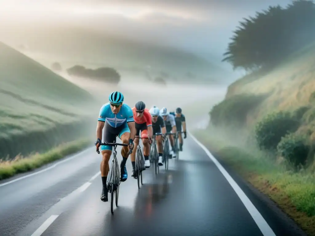 Grupo ciclistas avanzados en Uruguay subiendo colina neblinosa, demostrando sincronía y determinación