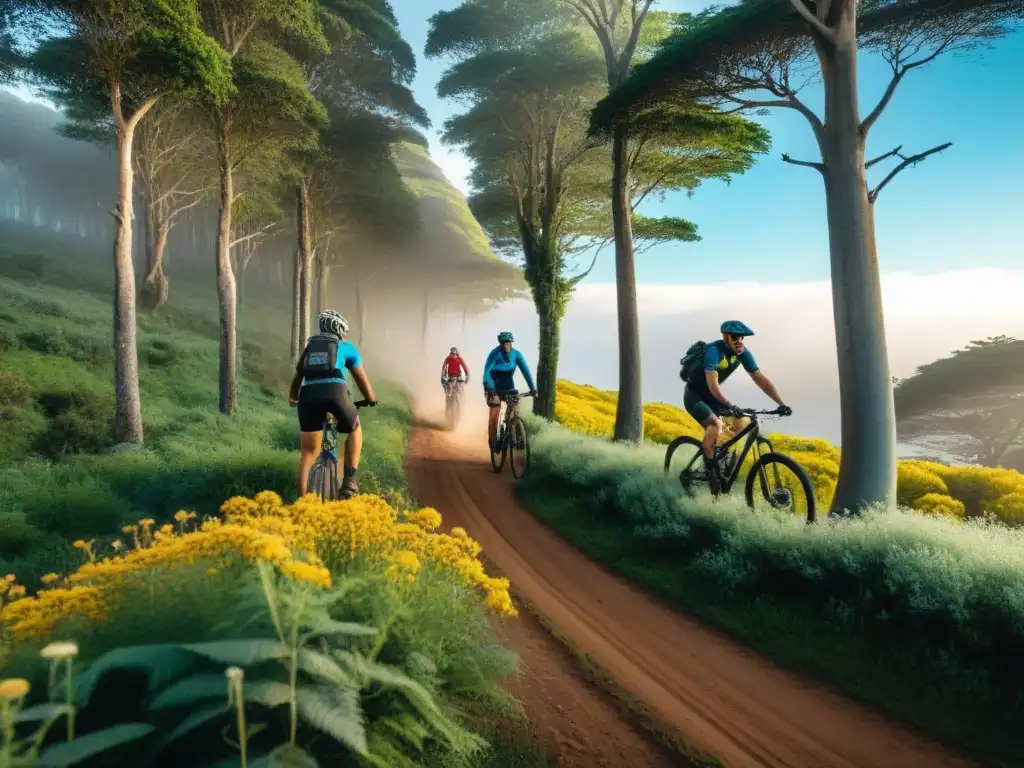 Un grupo de ciclistas disfruta de aventuras en bicicleta en Uruguay, pedaleando entre bosques verdes y flores silvestres vibrantes bajo el sol