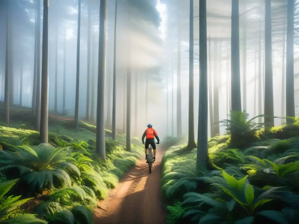 Grupo de ciclistas en aventuras en bicicleta en Uruguay, explorando un bosque verde exuberante