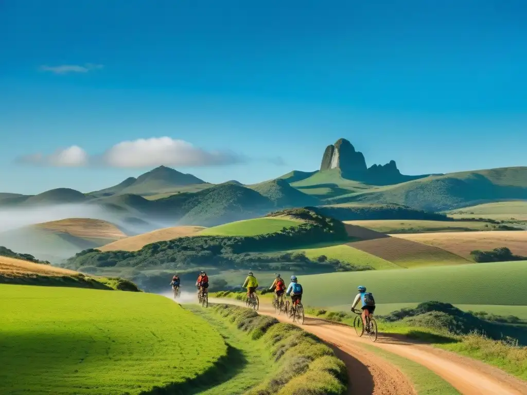 Un grupo de ciclistas aventureros recorriendo en bicicleta el campo exuberante de Uruguay